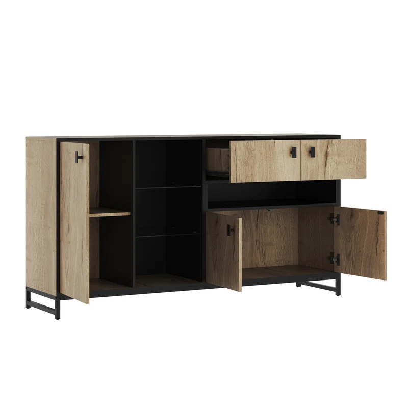 Buffet industriel effet bois et noir, verre trempée, éclairage LED 160x40x84,5cm NOBLEION