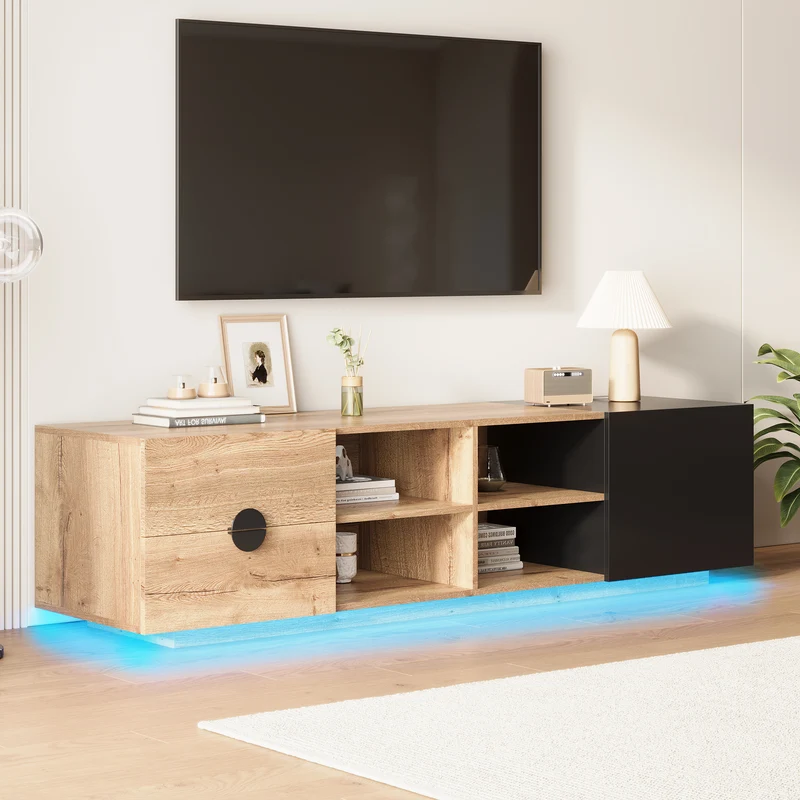 Meuble TV effet bois et noir avec élcairage LED 180x38,5x47cm PINNACLEE