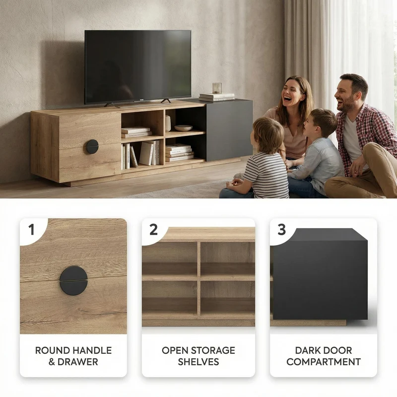 Meuble TV effet bois et noir avec élcairage LED 180x38,5x47cm PINNACLEE