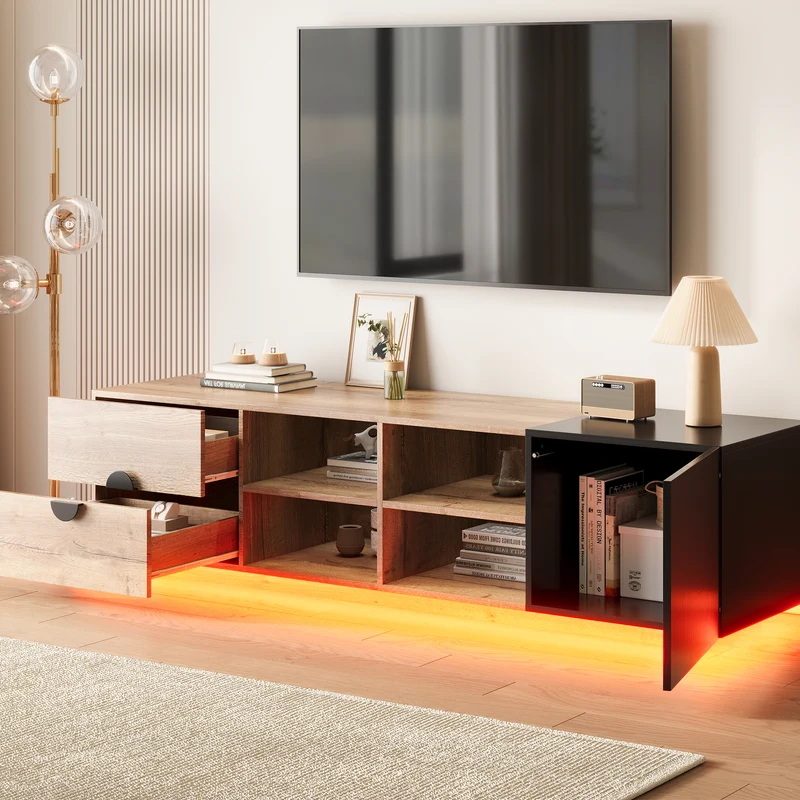 Meuble TV effet bois et noir avec élcairage LED 180x38,5x47cm PINNACLEE