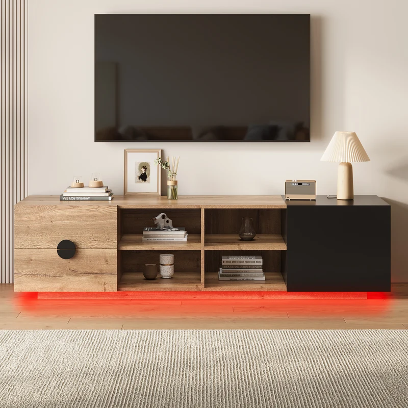 Meuble TV effet bois et noir avec élcairage LED 180x38,5x47cm PINNACLEE