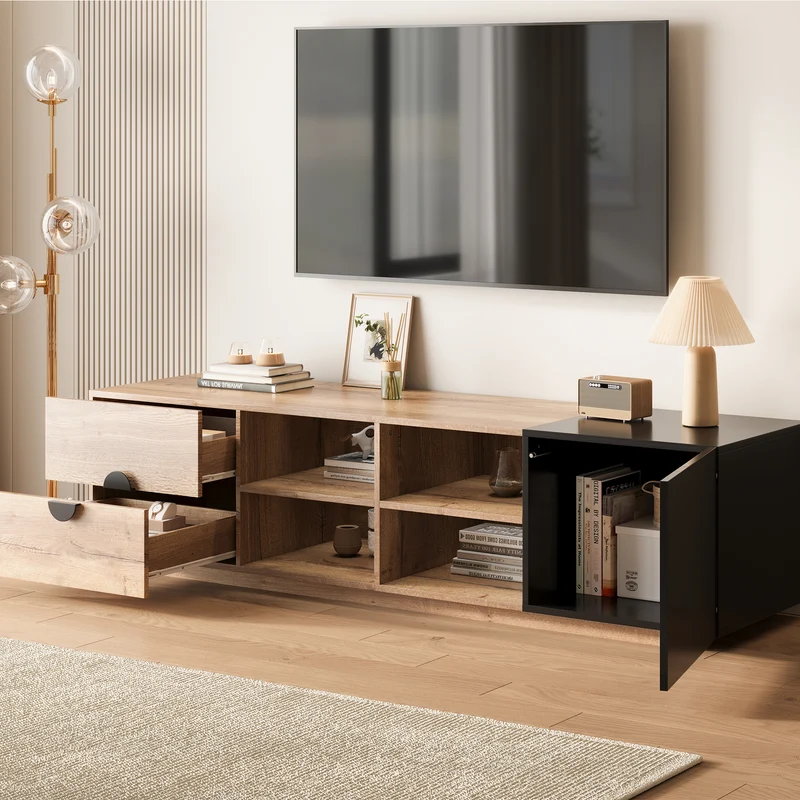Meuble TV effet bois et noir avec élcairage LED 180x38,5x47cm PINNACLEE