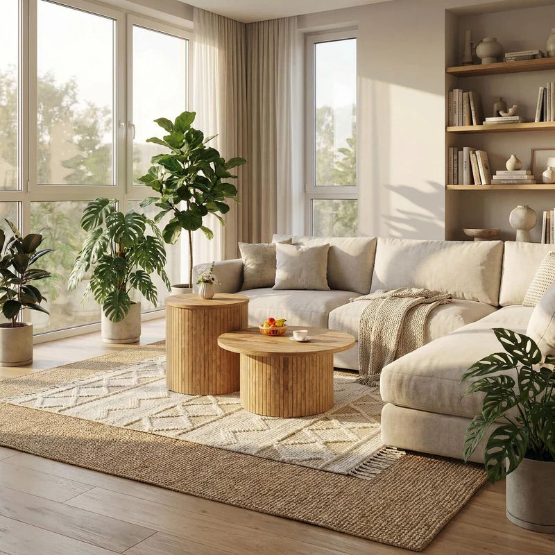 Ensemble de 2 tables basses rondes effet bois naturel base à tasseaux NIMBUSIS