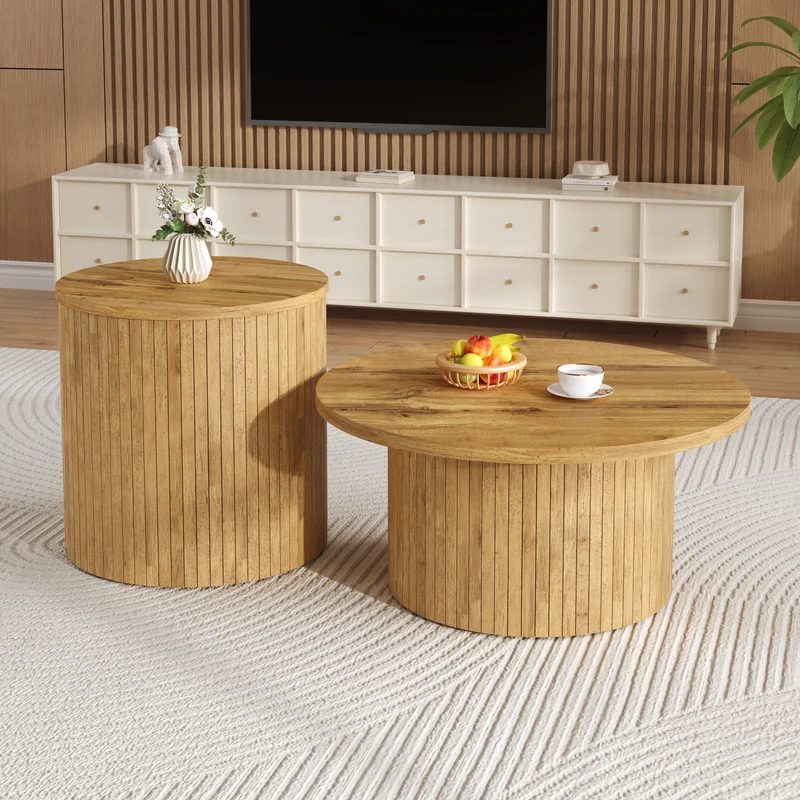 Ensemble de 2 tables basses rondes effet bois naturel base à tasseaux NIMBUSIS