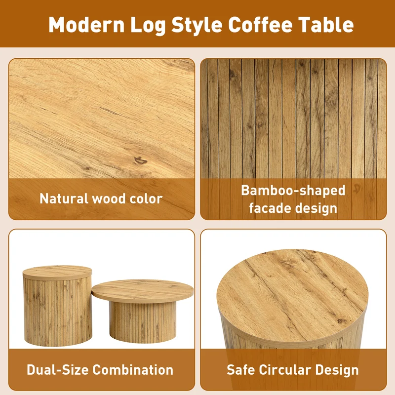 Ensemble de 2 tables basses rondes effet bois naturel base à tasseaux NIMBUSIS