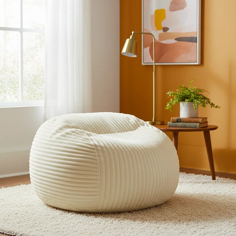 Fauteuil pouf rond en flanelle velours côtelé ultra doux crème 34x34x24cm ECHOITA