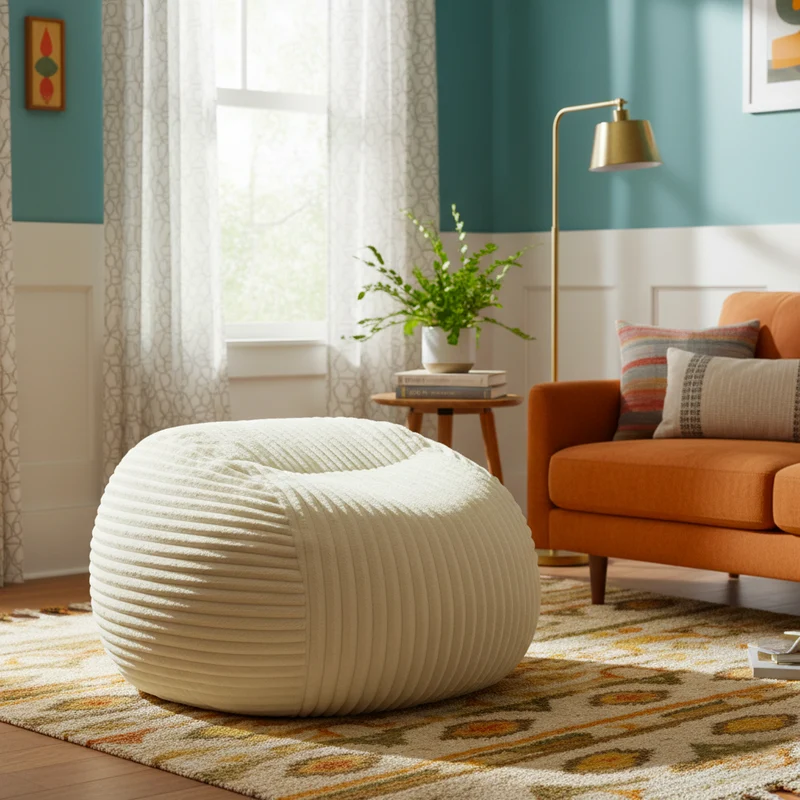 Fauteuil pouf rond en flanelle velours côtelé ultra doux crème 34x34x24cm ECHOITA