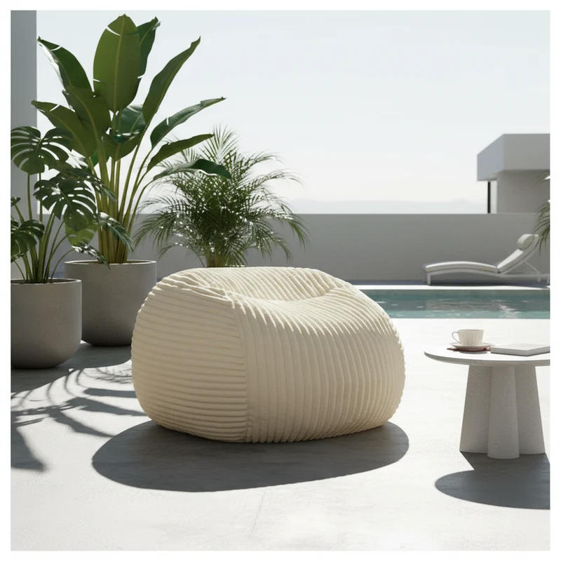 Fauteuil pouf rond en flanelle velours côtelé ultra doux crème 34x34x24cm ECHOITA