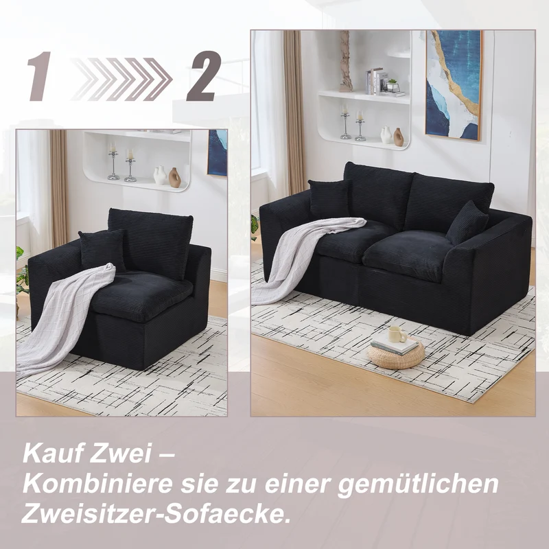 Fauteuil chauffeuse modulable en velours côtelé noir 101x102,5x84cm ZENITHERA