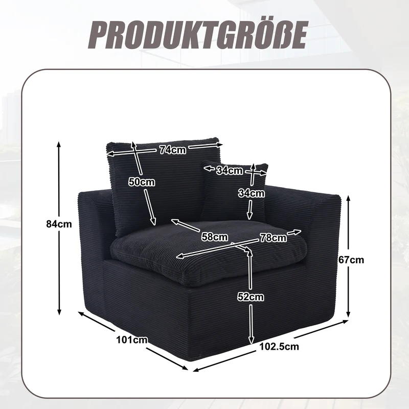 Fauteuil chauffeuse modulable en velours côtelé noir 101x102,5x84cm ZENITHERA