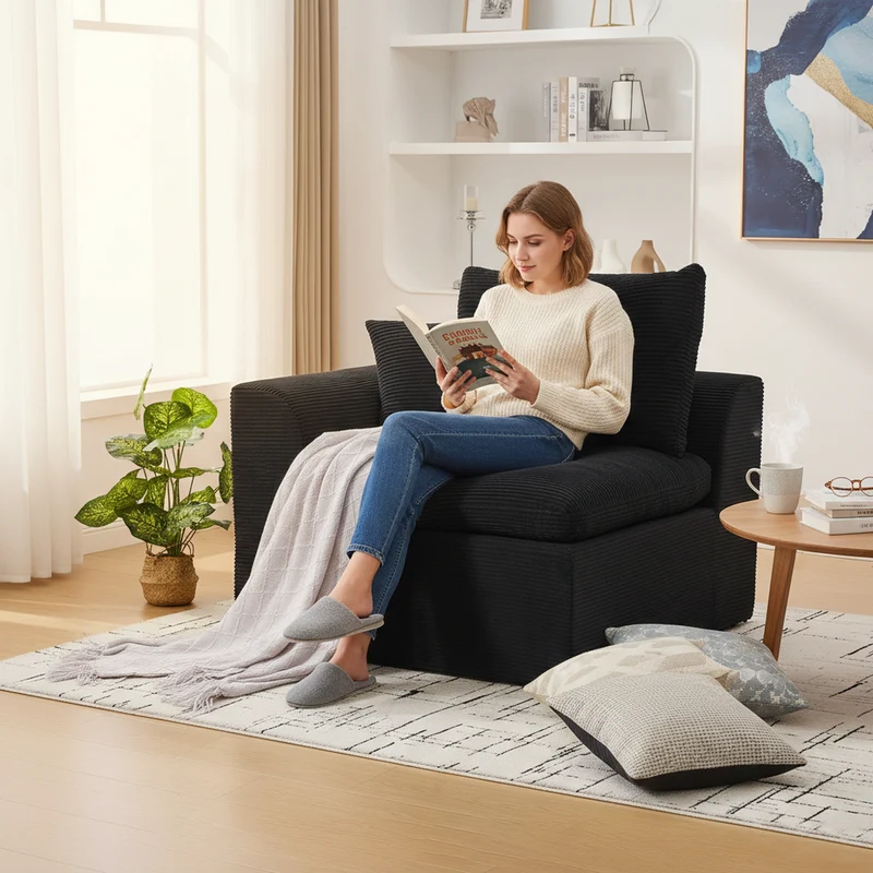Fauteuil chauffeuse modulable en velours côtelé noir 101x102,5x84cm ZENITHERA