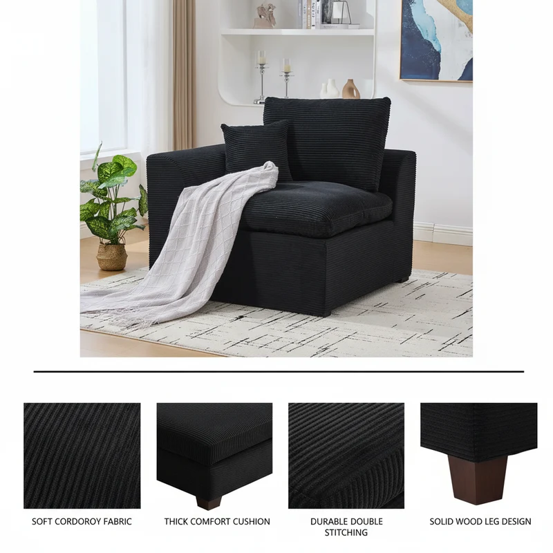 Fauteuil chauffeuse modulable en velours côtelé noir 101x102,5x84cm ZENITHERA