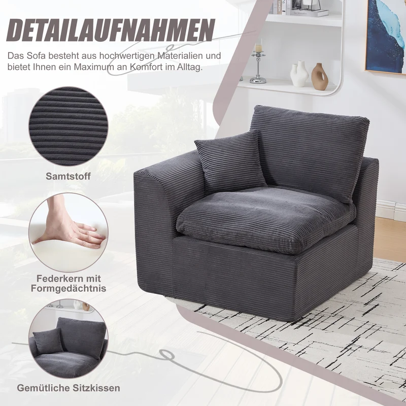 Fauteuil chauffeuse modulable en velours côtelé gris foncé 101x102,5x84cm ZENITHIQUE