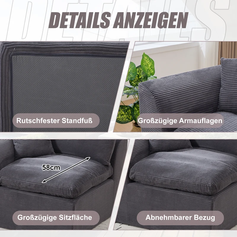 Fauteuil chauffeuse modulable en velours côtelé gris foncé 101x102,5x84cm ZENITHIQUE