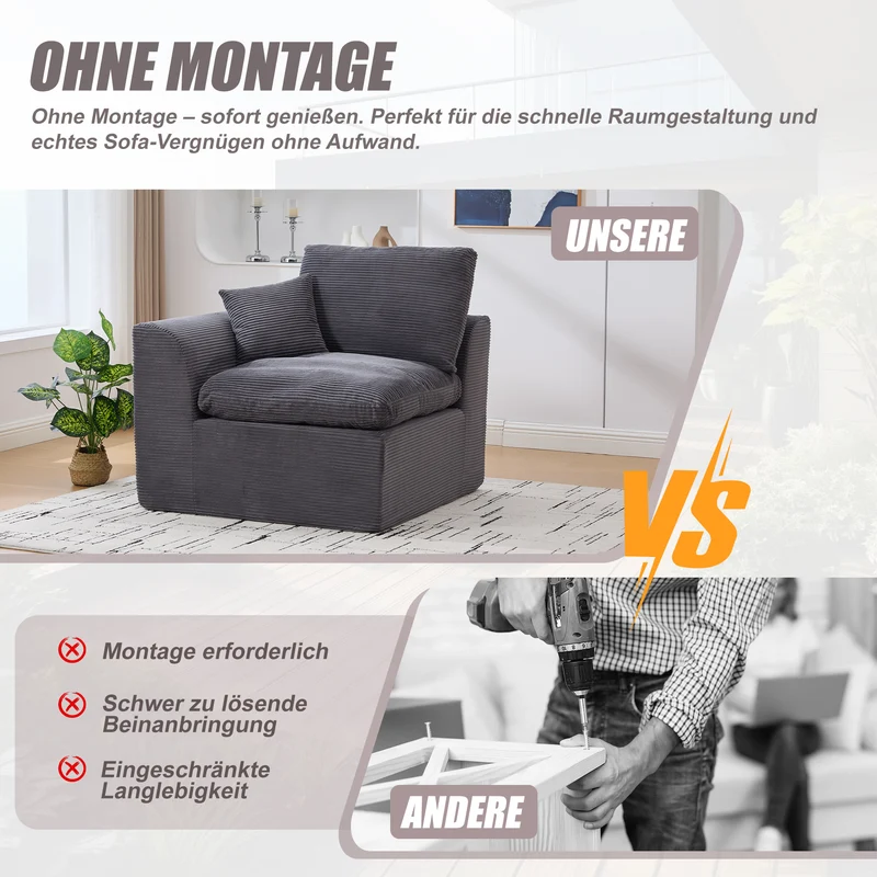 Fauteuil chauffeuse modulable en velours côtelé gris foncé 101x102,5x84cm ZENITHIQUE