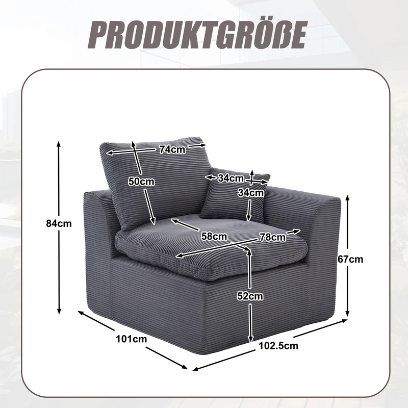 Fauteuil chauffeuse modulable en velours côtelé gris foncé 101x102,5x84cm ZENITHIQUE