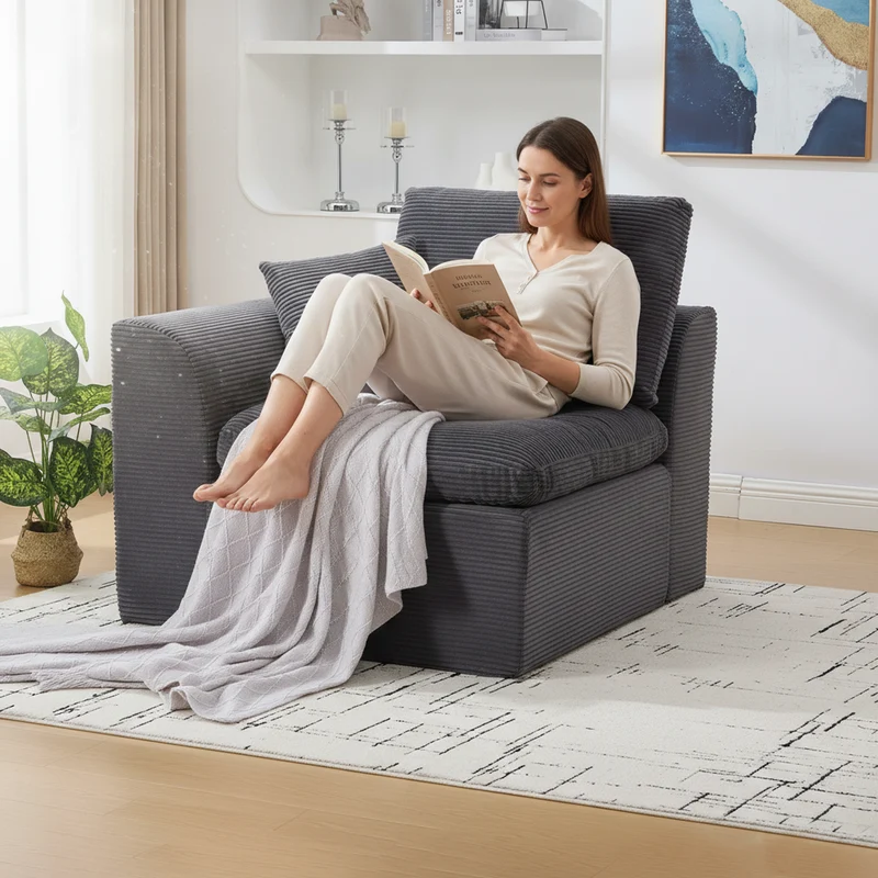 Fauteuil chauffeuse modulable en velours côtelé gris foncé 101x102,5x84cm ZENITHIQUE