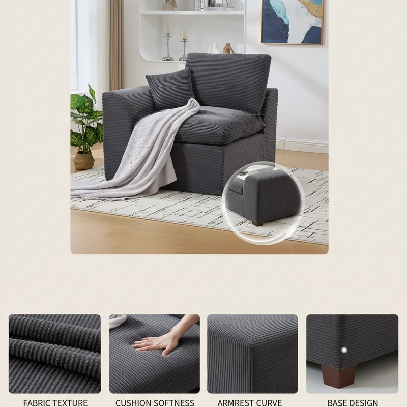 Fauteuil chauffeuse modulable en velours côtelé gris foncé 101x102,5x84cm ZENITHIQUE