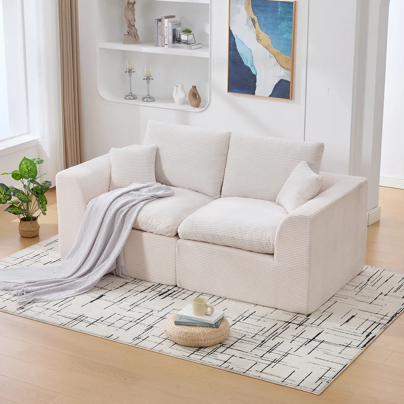 Canapé 2 places en velours côtelé beige 204x102,5x84cm CRESCENTORA