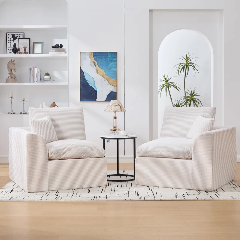 Canapé 2 places en velours côtelé beige 204x102,5x84cm CRESCENTORA