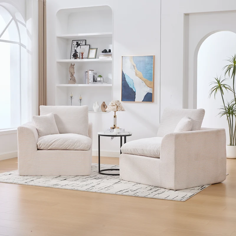 Canapé 2 places en velours côtelé beige 204x102,5x84cm CRESCENTORA