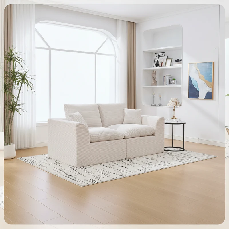 Canapé 2 places en velours côtelé beige 204x102,5x84cm CRESCENTORA