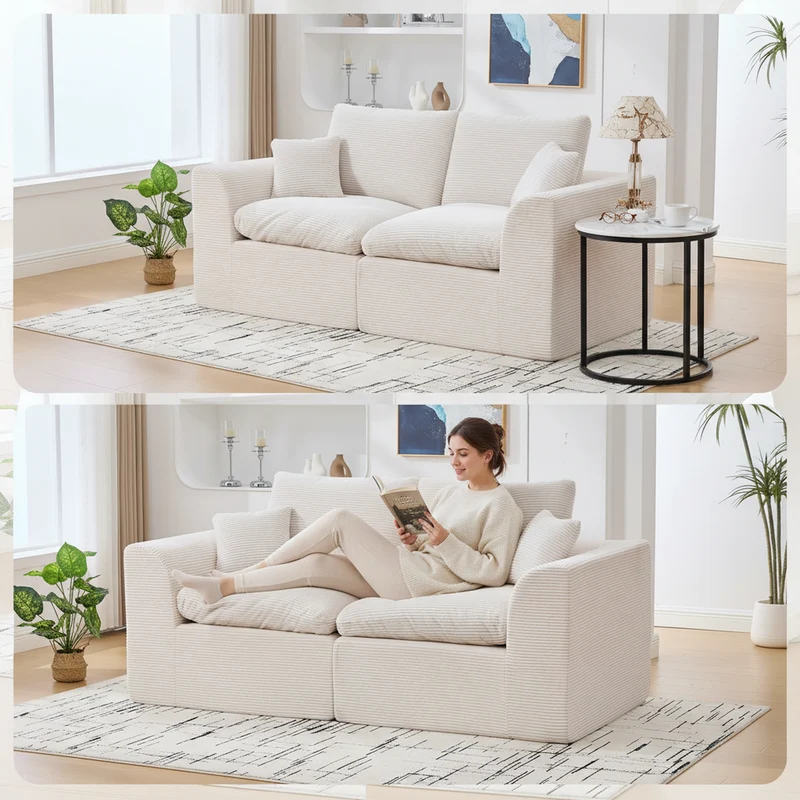 Canapé 2 places en velours côtelé beige 204x102,5x84cm CRESCENTORA