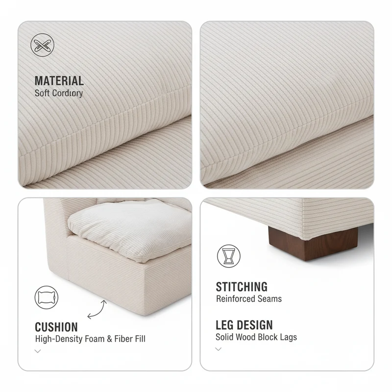 Canapé 2 places en velours côtelé beige 204x102,5x84cm CRESCENTORA