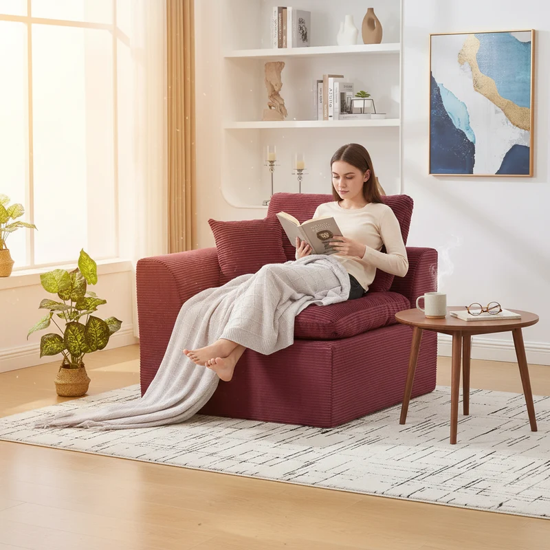 Fauteuil chauffeuse modulable en velours côtelé prune 101x102,5x84cm NOVAEON