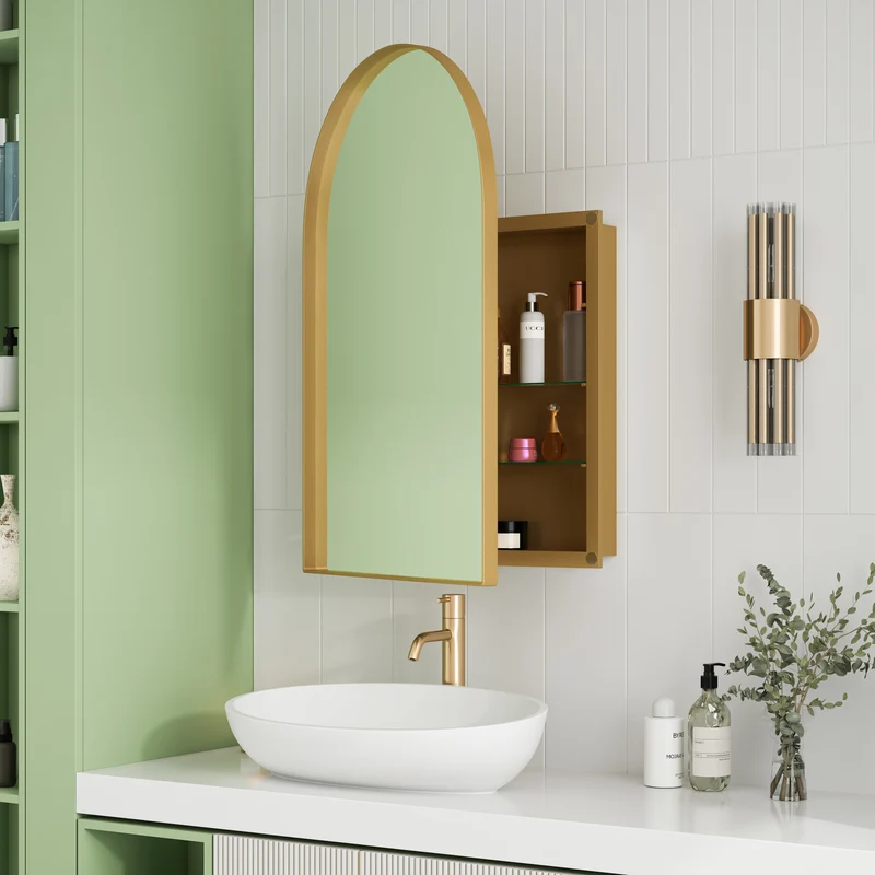 Armoire de toilette miroir arche dorée, armoire murale encastrée 91x61cm DUSKVINE