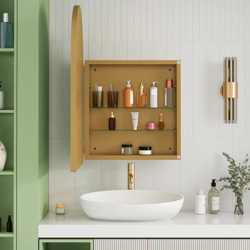 Armoire de toilette miroir arche dorée, armoire murale encastrée 91x61cm DUSKVINE