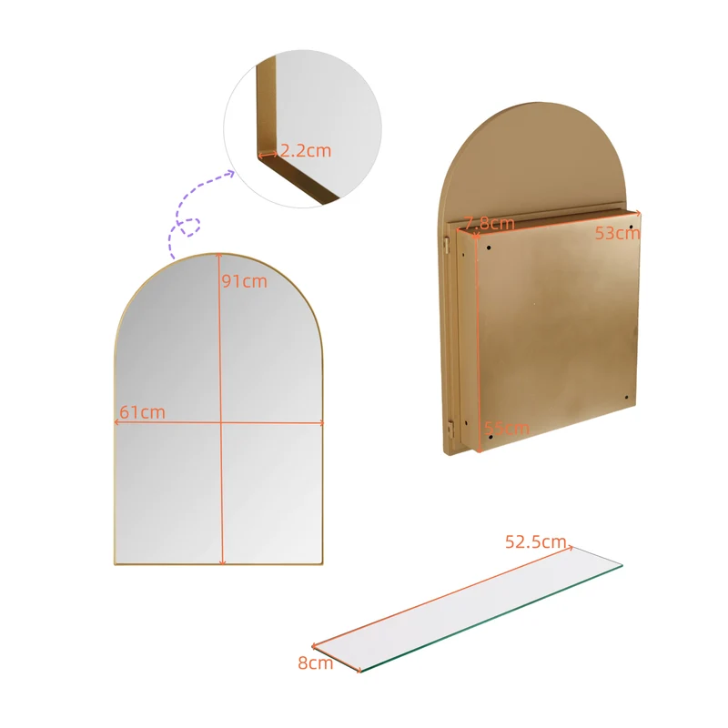 Armoire de toilette miroir arche dorée, armoire murale encastrée 91x61cm DUSKVINE
