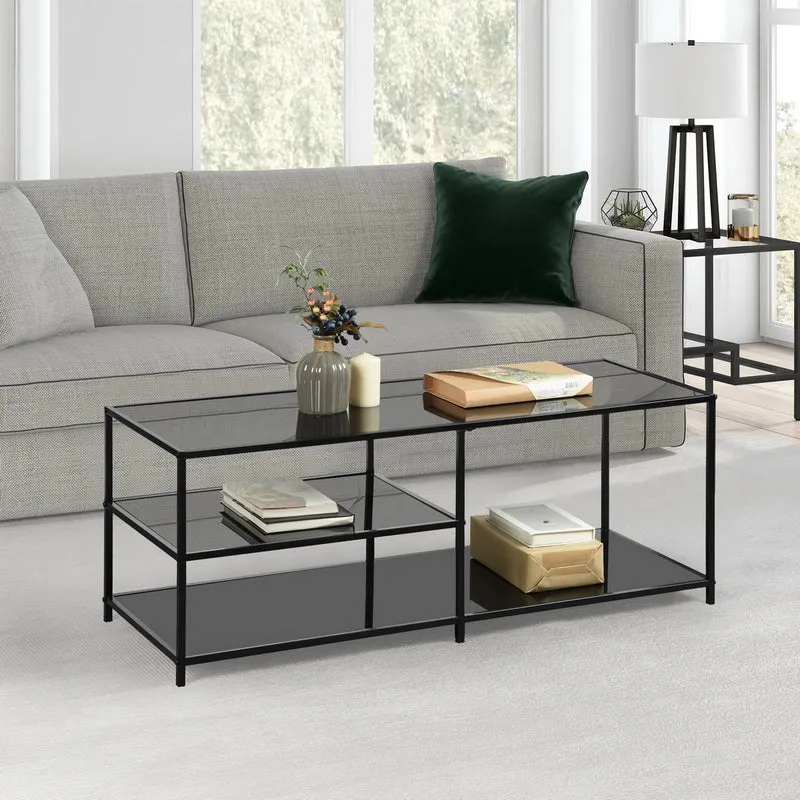 Table basse rectangulaire en verre trempé noir transparent 3 étages 110*40cm JONINA