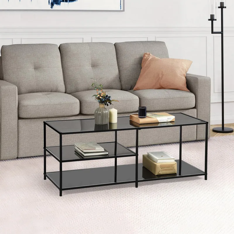 Table basse rectangulaire en verre trempé noir transparent 3 étages 110*40cm JONINA