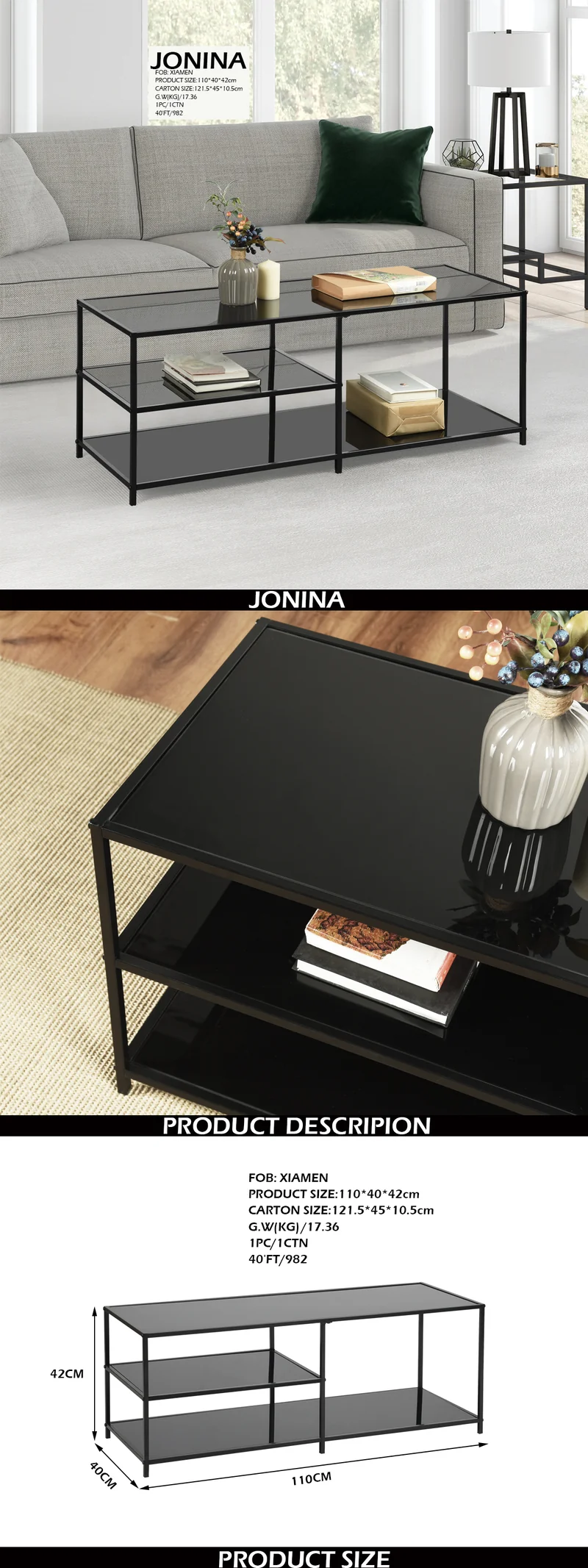 Table basse rectangulaire en verre trempé noir transparent 3 étages 110*40cm JONINA