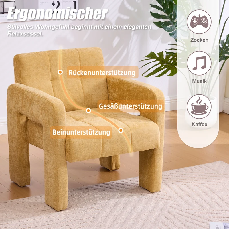 Fauteuil en chenille jaune moutarde 67,5x69x74,5cm CRESCENTELLE