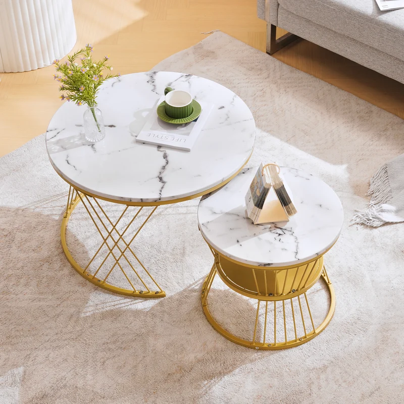 Ensemble de 2 tables basses rondes gigognes effet marbre blanc, piètement doré VIBRATIO