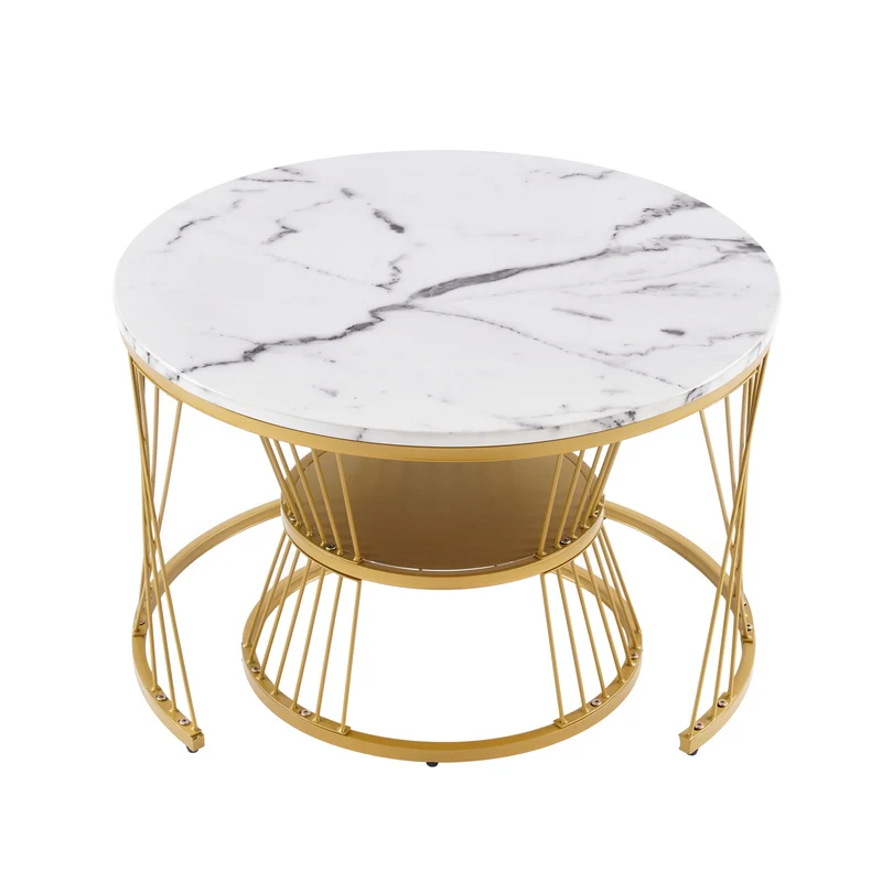 Ensemble de 2 tables basses rondes gigognes effet marbre blanc, piètement doré VIBRATIO