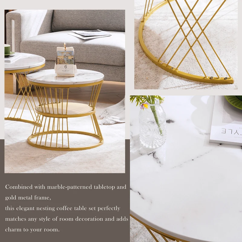 Ensemble de 2 tables basses rondes gigognes effet marbre blanc, piètement doré VIBRATIO