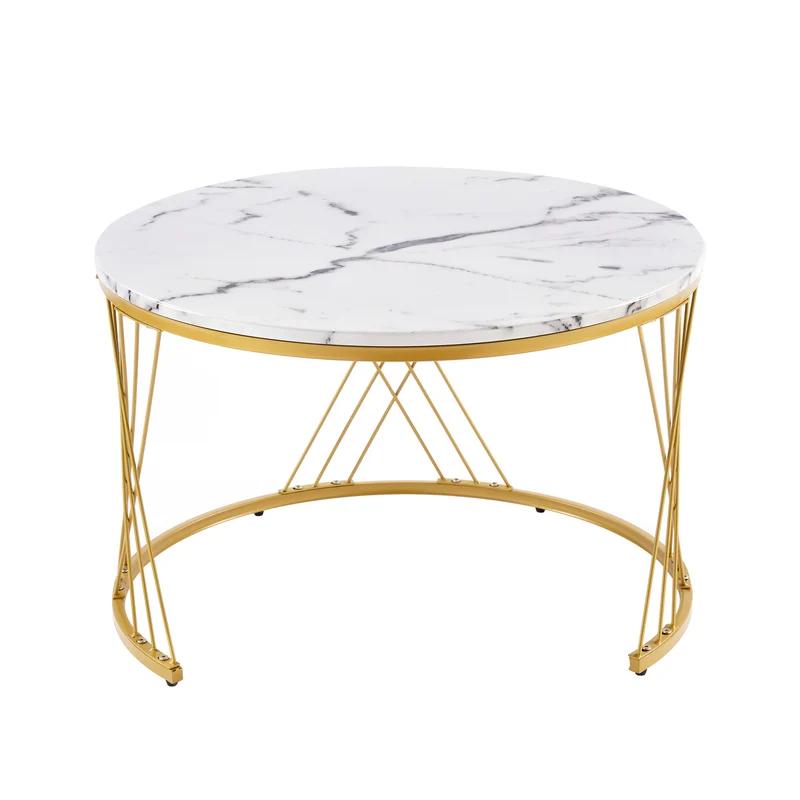 Ensemble de 2 tables basses rondes gigognes effet marbre blanc, piètement doré VIBRATIO