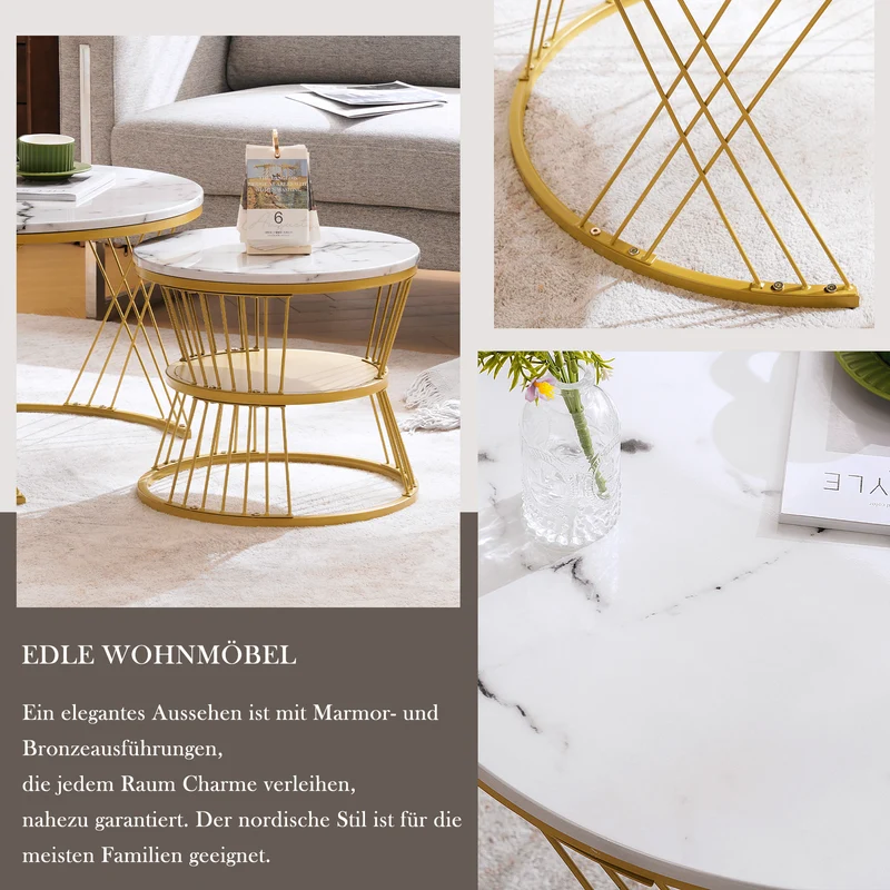 Ensemble de 2 tables basses rondes gigognes effet marbre blanc, piètement doré VIBRATIO
