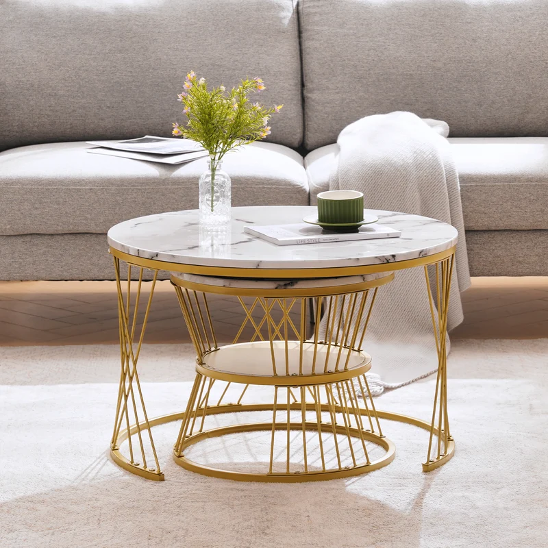 Ensemble de 2 tables basses rondes gigognes effet marbre blanc, piètement doré VIBRATIO