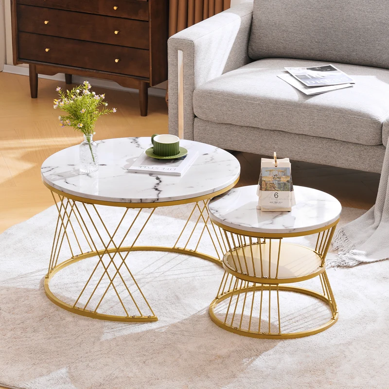 Ensemble de 2 tables basses rondes gigognes effet marbre blanc, piètement doré VIBRATIO