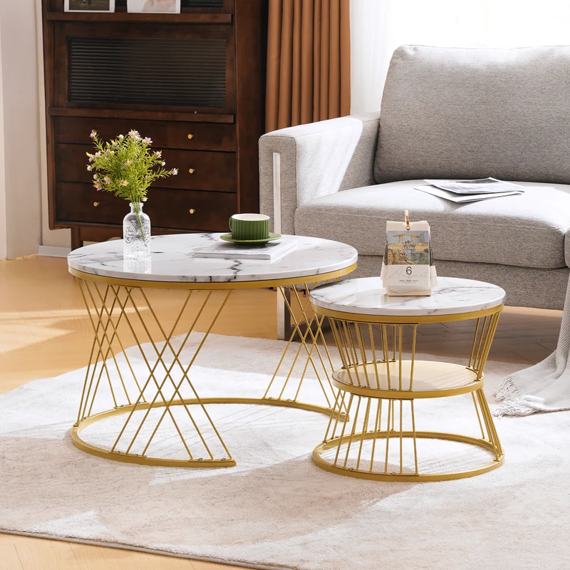 Ensemble de 2 tables basses rondes gigognes effet marbre blanc, piètement doré VIBRATIO