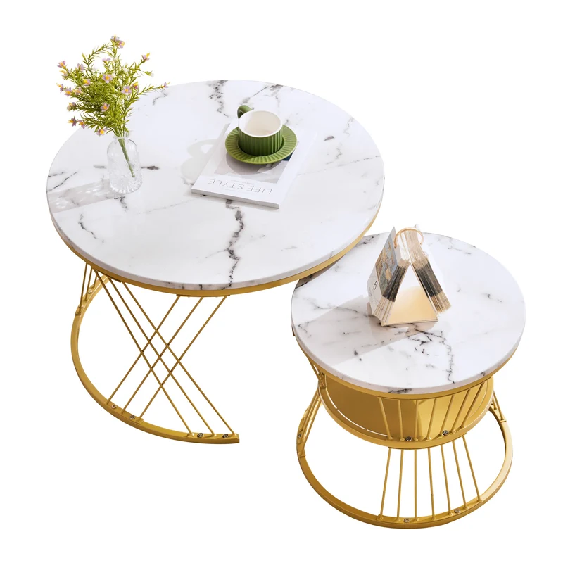 Ensemble de 2 tables basses rondes gigognes effet marbre blanc, piètement doré VIBRATIO