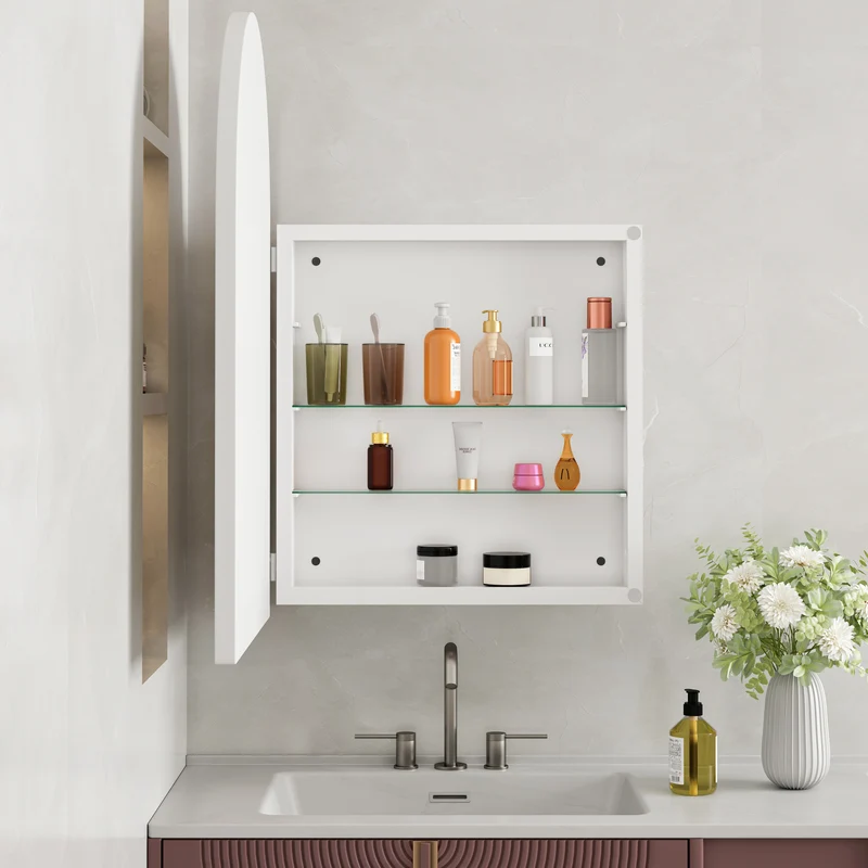 Armoire de toilette blanche avec miroir arqué, rangement mural ou encastré 91x61cm KEYCIRCLE