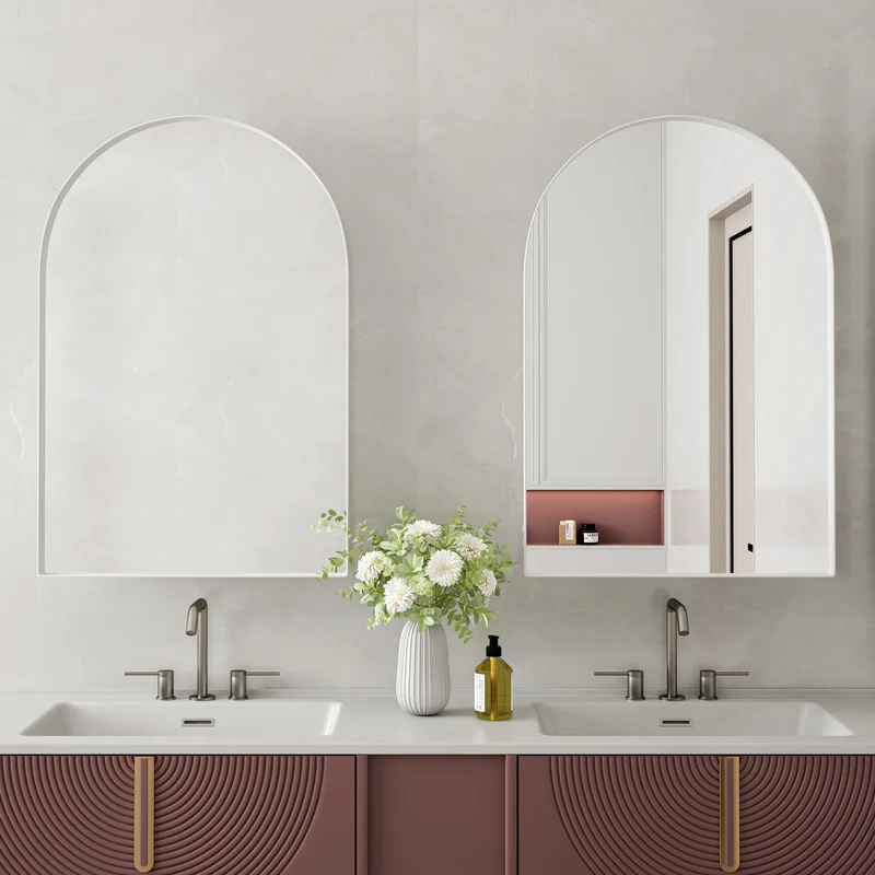 Armoire de toilette blanche avec miroir arqué, rangement mural ou encastré 91x61cm KEYCIRCLE