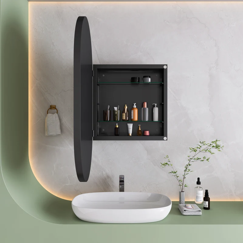 Armoire de toilette avec miroir ovale, cadre noire, mural ou encastré 85x51,5cm OPALGLEAM