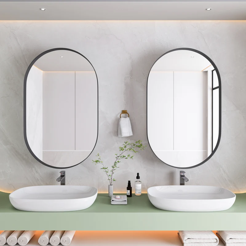 Armoire de toilette avec miroir ovale, cadre noire, mural ou encastré 85x51,5cm OPALGLEAM