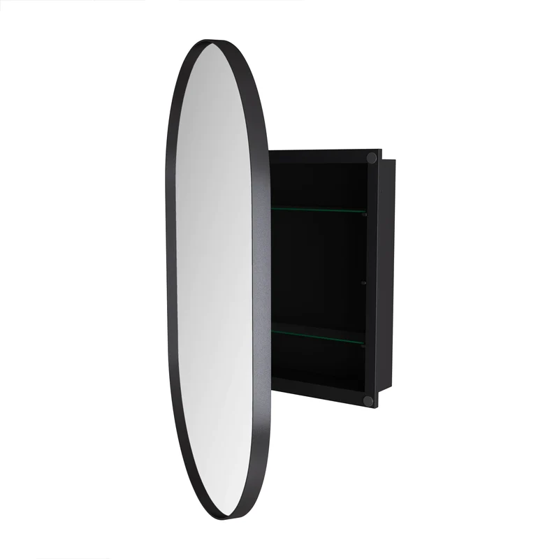 Armoire de toilette avec miroir ovale, cadre noire, mural ou encastré 85x51,5cm OPALGLEAM